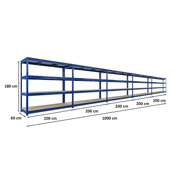 Langes, blaues Lagerregal mit mehreren Regalböden und den Maßen 180 x 60 x 1000 cm.