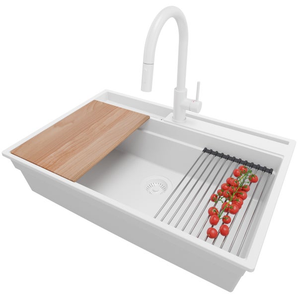 PRIMAGRAN Granitspüle Alles Weiß 78x53cm, Spülbecken 1 Becken + Küchenarmatur 40x20cm + Ablauf-Set + Küchenzubehörset, Küchenspüle ab 80er Unterschrank - Oslo Pocket