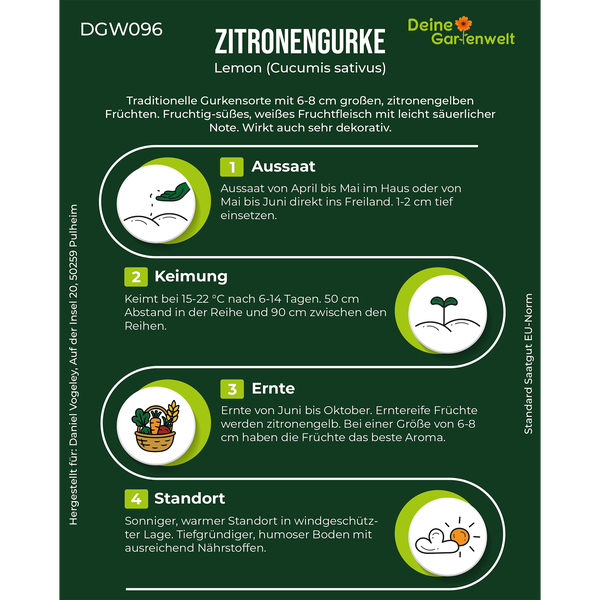 Infografik für Zitronengurke mit Anleitungen zu Aussaat, Keimung, Ernte und Standort. Deine Gartenwelt Logo.