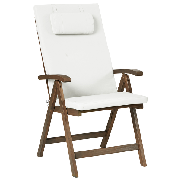 Klappbarer Gartenstuhl aus Holz mit weißer Hochlehner Auflage und integriertem Kopfkissen.
