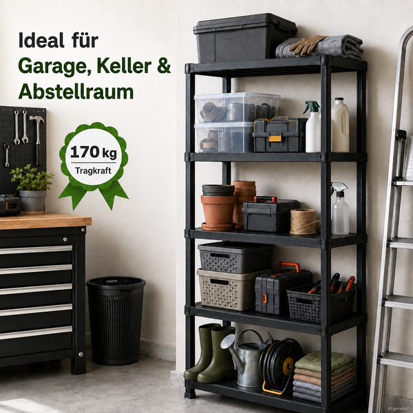 Schwarzes Kunststoffregal mit fuenf Boeden und einer Tragkraft von 170 Kilogramm fuer Garage, Keller und Abstellraum.