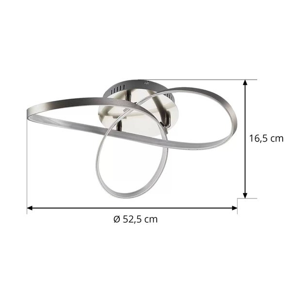 Moderne LED-Deckenleuchte aus Metall mit geschwungenen Ringen, Durchmesser 52,5 Zentimeter, Höhe 16,5 Zentimeter.