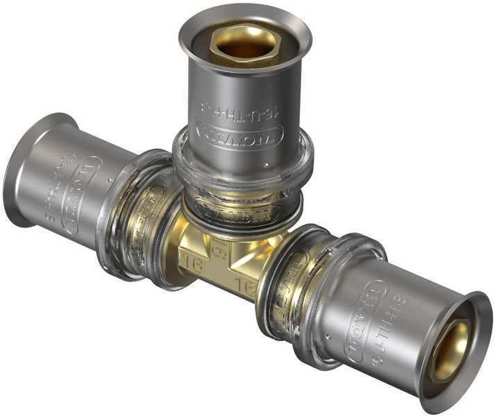 Wavin T-Stück Pressfitting für Mehrschichtverbundrohre aus Messing mit Edelstahl-Presshülsen, Größe 16 Millimeter.