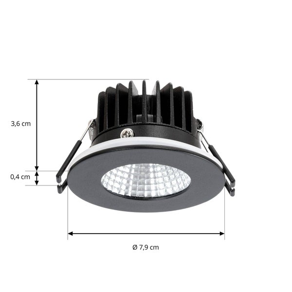LED-Einbaustrahler rund mit Maßen: Durchmesser 7,9 Zentimeter, Einbautiefe 3,6 Zentimeter und Rahmenhöhe 0,4 Zentimeter.