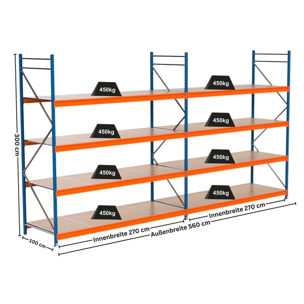 Regal mit vier Ebenen und Maßangaben