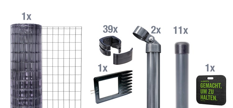 Set mit Maschendrahtzaun Rolle, Zaunpfosten, Schellen, Kappen und Spannwerkzeug für die Zaunmontage.