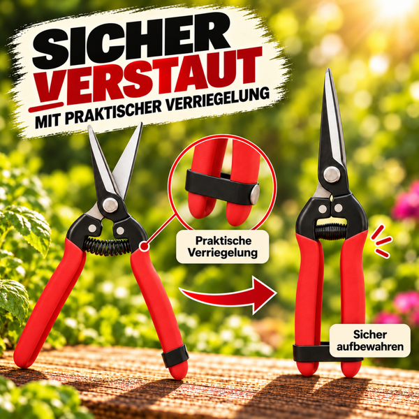Gartenschere mit Sicherheitsverriegelung für eine platzsparende und sichere Aufbewahrung der Klingen