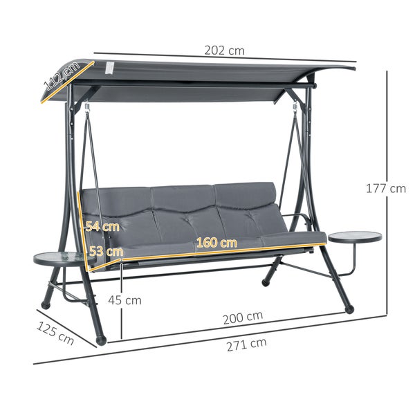 Outsunny Hollywoodschaukel, 3-Sitzer Gartenschaukel, mit verstellbarem Sonnendach, 271 x 125 x 177 cm, Stahl, Polyester, Grau+Schwarz