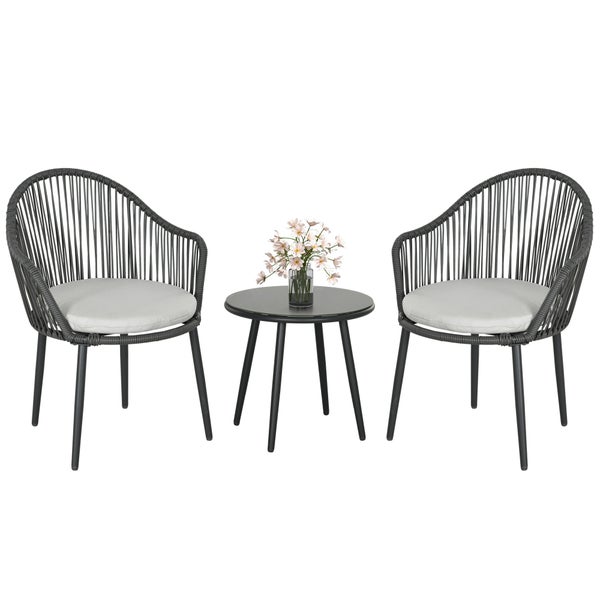 Outsunny 3-teilige Rattan Gartenmöbel-Set Sitzgruppe, Gartengarnitur mit 2 Gartenstühlen, Beistelltisch mit Hartglasplatte, Kissen, für Balkon, Terrasse, Stahl, Dunkelgrau