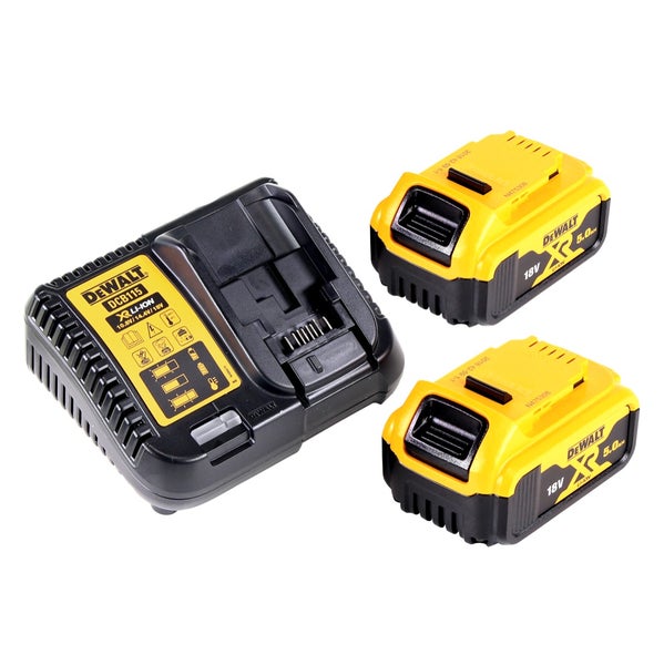 DeWalt Akku-Starter-Set mit einem Ladegerät DCB115 und zwei 18 Volt 5,0 Amperestunden Lithium-Ionen-Akkus.