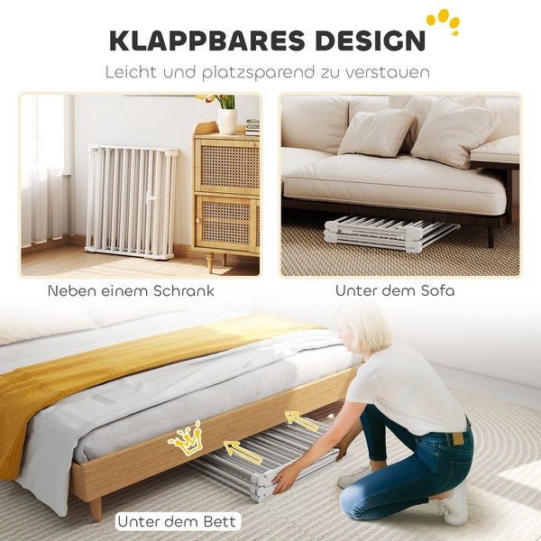 Klappbares Hundeschutzgitter, platzsparend verstaut neben einem Schrank, unter einem Sofa und unter einem Bett.