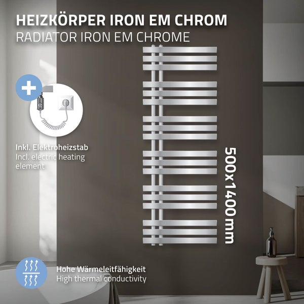 ECD Germany Iron EM Design Badheizkörper Elektrisch mit Heizstab 900 W - 500 x 1400 mm - Chrom - Designheizkörper Paneelheizkörper Heizkörper Handtuchwärmer Handtuchtrockner