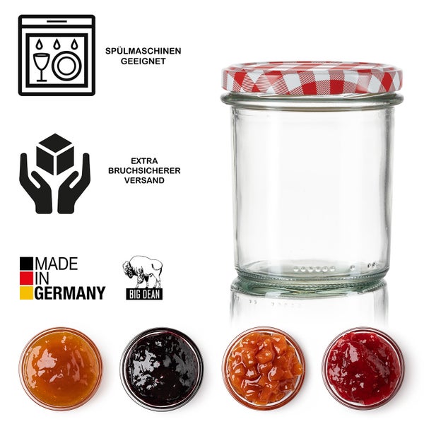 Einmachglas mit rot-weiß kariertem Deckel, geeignet für Spülmaschinen, extra bruchsicherer Versand, Hergestellt in Deutschland, Big Dean Logo, gefüllt mit verschiedenen Marmeladen