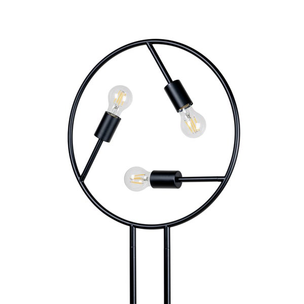 Schwarze Stehlampe mit kreisförmigem Design und drei Glühbirnen