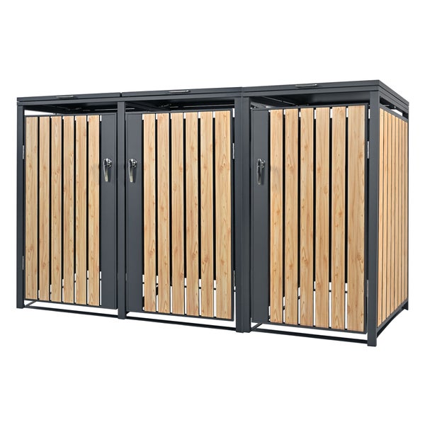 ML-Design Mülltonnenbox 3er 3 Tonnen 240L 200x80x116,3cm Anthrazit-Lärchenoptik, Stahl wetterfest/abschließbar Mülltonnenverkleidung Klappdeckel/3 Türen, Müllbox Mülltonnecontainer Mülltonnenabdeckung