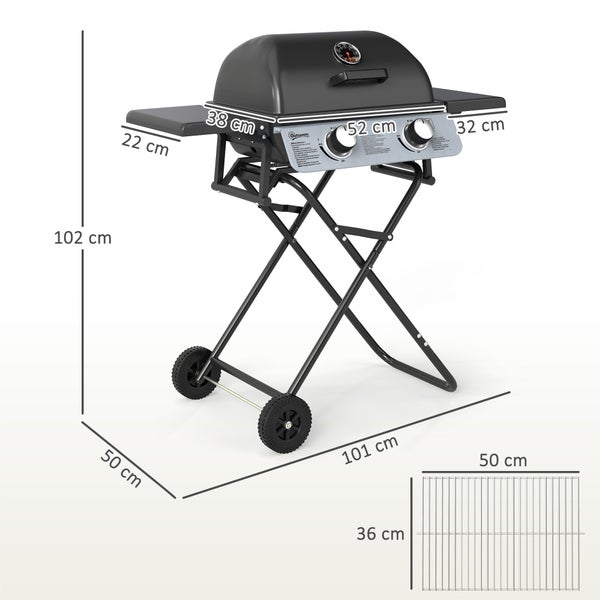 Outsunny Gasgrill 5,6 KW Grillwagen inkl 2 Edelstahl-Brenner klappbar Seitenablagen Rolle Druckminderer Gasschlauch Deckel Thermometer, BBQ Gartengrill für Balkon, Camping-Grill 101 x 50 x 102 cm