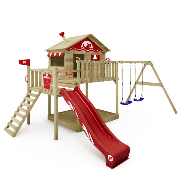 WICKEY Spielturm Klettergerüst Smart Coast mit Schaukel und Rutsche, Stelzenhaus mit Sandkasten, Kletterleiter und Spiel-Zubehör - rot