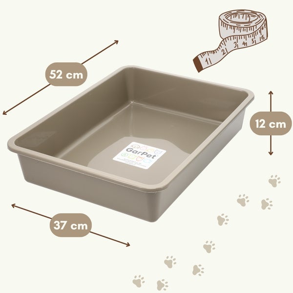 Rechteckige Katzentoilette aus Kunststoff mit den Maßen 52 Zentimeter Länge, 37 Zentimeter Breite und 12 Zentimeter Höhe.