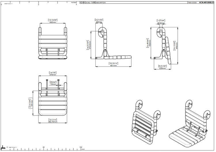 Technische Zeichnung und dreidimensionale Ansicht eines klappbaren Duschsitzes mit Maßangaben in Millimetern und Zoll.