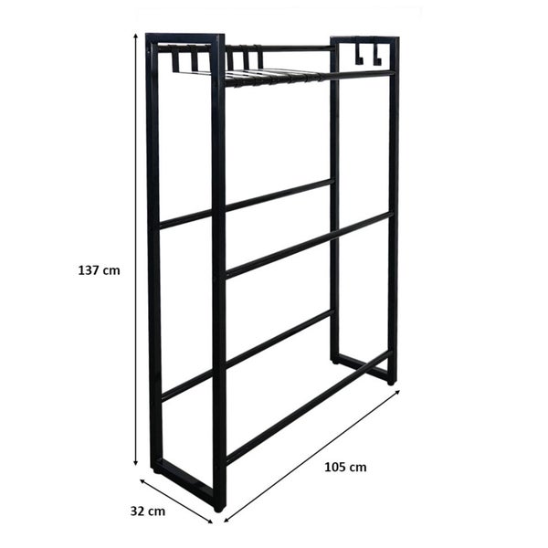 Schwarzer Handtuchhalter mit den Maßen 137 mal 105 mal 32 Zentimeter.