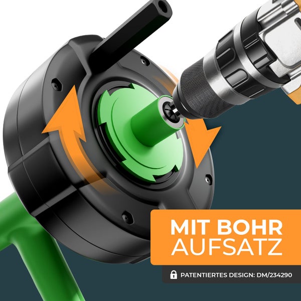 Rohrreinigungsspirale mit Bohraufsatz und patentiertem Design, Darstellung einer Bohrmaschine an der Trommel mit Rotationspfeilen.