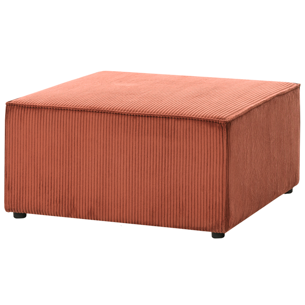 Quadratischer Hocker mit Cord-Bezug und niedrigen Füßen.