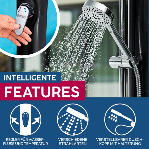 Bestway Logo. Duschkopf mit verschiedenen Strahlarten, Wasserdurchfluss und Temperaturregler.