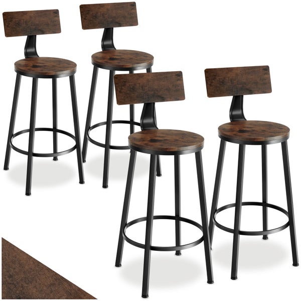 Barhocker im 4er-Set mit Sitzfläche und Rückenlehne in dunkler Holzoptik und schwarzem Metallgestell im Industrie-Design.