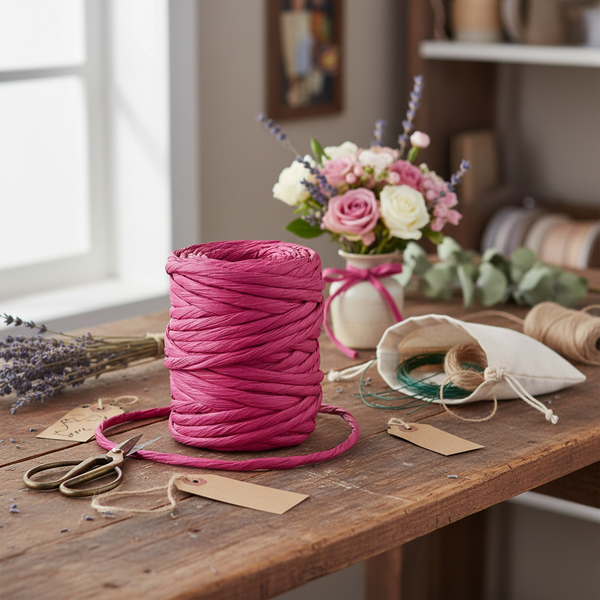 Rolle rosa Papierkordel auf einem Holztisch mit Schere, Lavendel und Blumenstrauß in einem hellen Bastelzimmer.