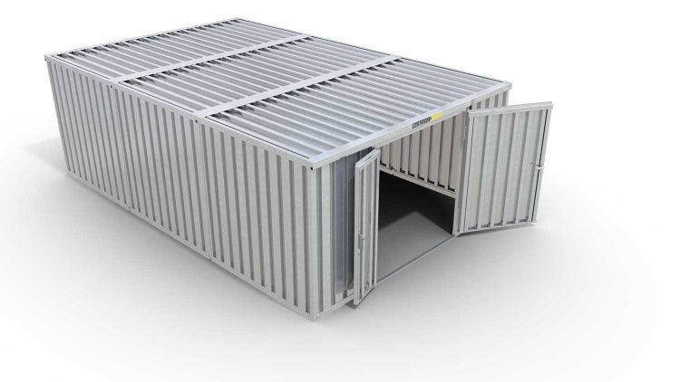 Lagercontainer Gerätehaus XL3  – 32 qm, H2115 x B5080 x T6520 mm, verzinkt, ohne Fußboden, 1830 mm Doppelflügeltür mittig in Stirnseite, zerlegt