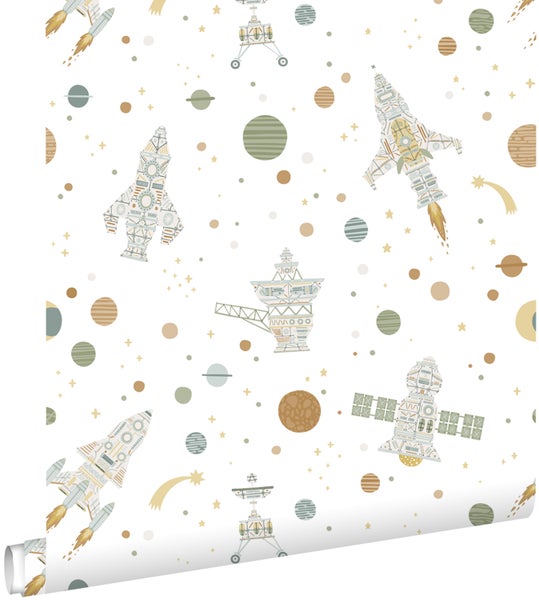 Kindertapete mit Weltraum-Motiven wie Raketen, Satelliten und Planeten in dezenten Erdtönen.