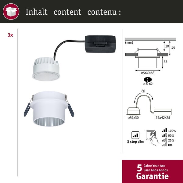3er Set LED-Einbaustrahler mit Leuchtmittel und Treiber, technische Zeichnungen mit Maßen in Millimeter, 3-Stufen-Dimmfunktion und 5 Jahre Garantie.
