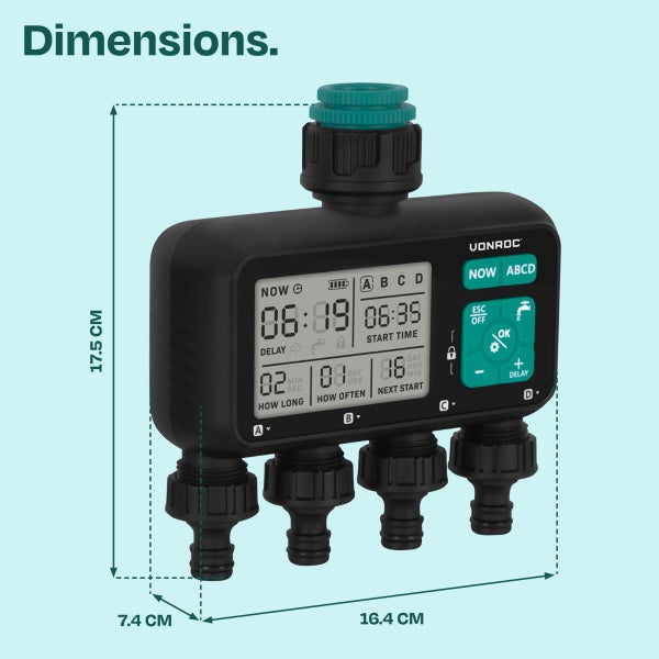 Vonroc Bewässerungscomputer mit vier Ausgängen. Maße: 17,5 Zentimeter hoch, 16,4 Zentimeter breit und 7,4 Zentimeter tief.