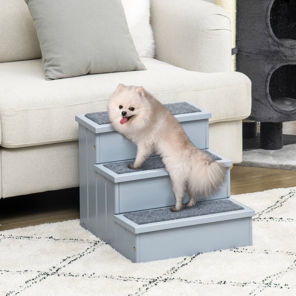 PawHut Hundetreppe 3 Stufen Katzentreppe Haustiertreppe Hundetreppe für Hunde und Katzen Tiertreppe Einstiegshilfe mit Teppich Stauraum für Sofa Bett Tannenholz Grau 40,5 x 44,5 x 38 cm