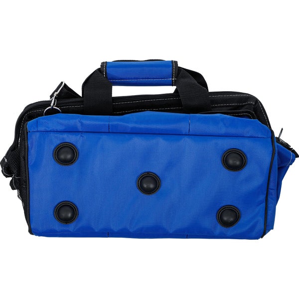 Unteransicht einer blauen Werkzeugtasche mit fünf schwarzen Standfüßen und schwarzen Tragegriffen.