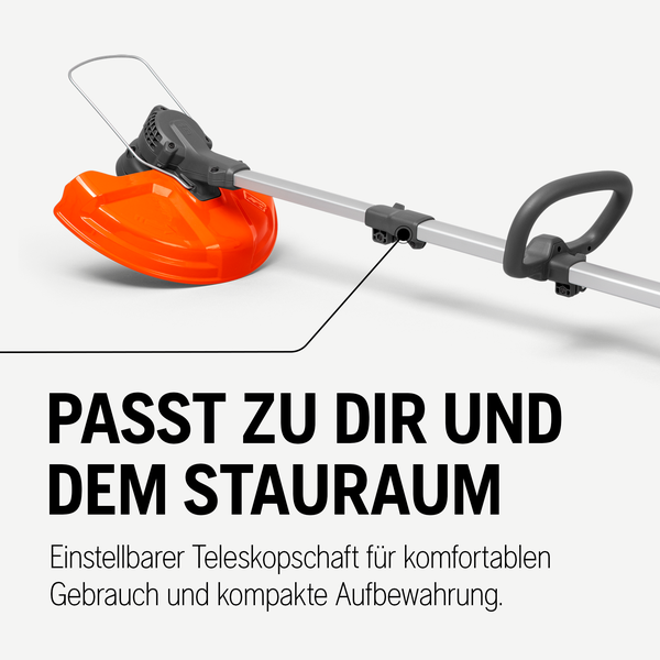 Rasentrimmer mit verstellbarem Teleskopschaft für komfortable Anwendung und platzsparende Aufbewahrung.