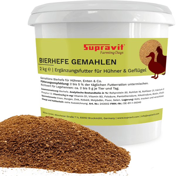 Supravit gemahlene Bierhefe als Ergänzungsfuttermittel für Hühner und Geflügel im 2 Kilogramm Eimer.