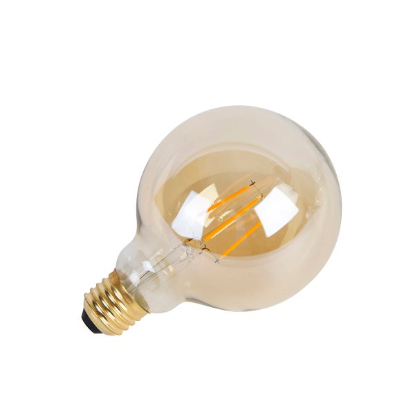 LED-Filament-Leuchtmittel in Globe-Form mit bernsteinfarbenem Glas und E27-Sockel.
