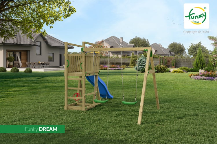 Spielturm Funky DREAM aus Holz mit blauer Rutsche, zwei grünen Schaukeln und Kletterturm im Garten.