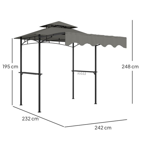 Grillpavillon aus Metall mit Doppeldach, Markise, Ablagen und Haken. Maße: 232 mal 242 mal 248 Zentimeter.