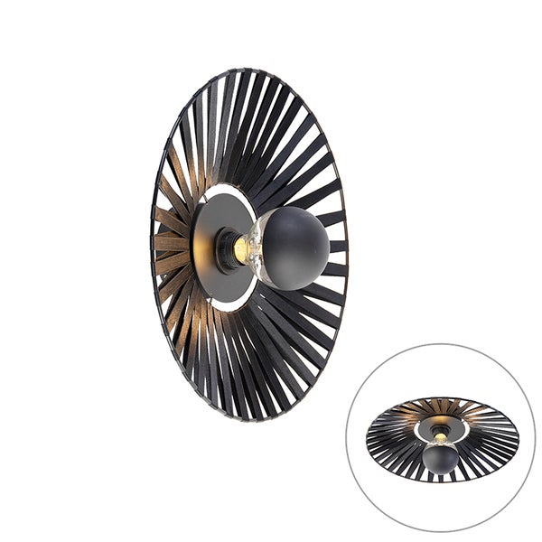 Moderne Wand- und Deckenleuchte aus Metall in Schwarz und Gold mit kreisförmigem Lamellendesign und Leuchtmittel mit Kopfspiegel.