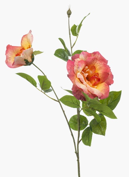 Künstliche Rose in Rosa-Orange mit zwei Blüten und einer Knospe am Stiel mit grünen Blättern.