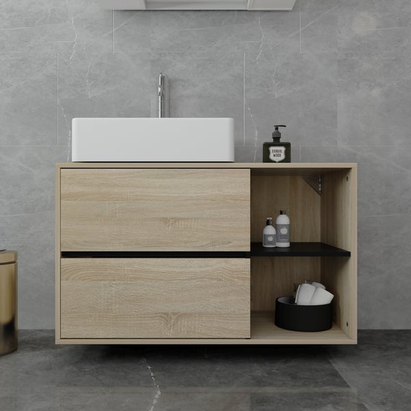 ML-Design Waschbeckenunterschrank hängend, Braun-Schwarz, 100x60x45,5 cm, Badezimmer Unterschrank 2 Schubladen, Ablage, viel Stauraum, Waschtischunterschrank aus MDF-Holz, Badezimmerschrank Badschrank