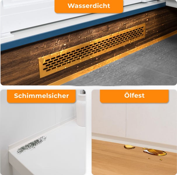 Anwendungsbeispiele für wasserdichte, schimmelsichere und ölfeste Eigenschaften auf Oberflächen wie Holz und Kunststoff.