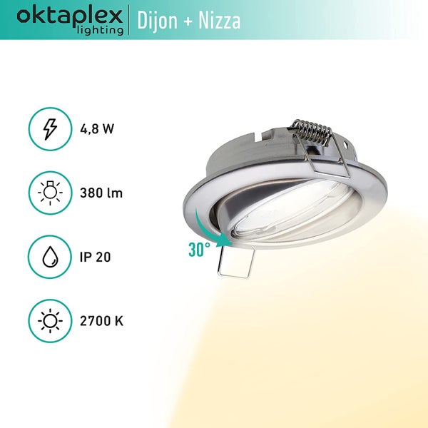 Oktaplex Lighting 3er Set Einbaustrahler Schwenkbar Dijon - mit LED Modul 4,8W 2700K 230V 380lm Warmweiß 110° - Spot Chrom Lochmaß 68mm