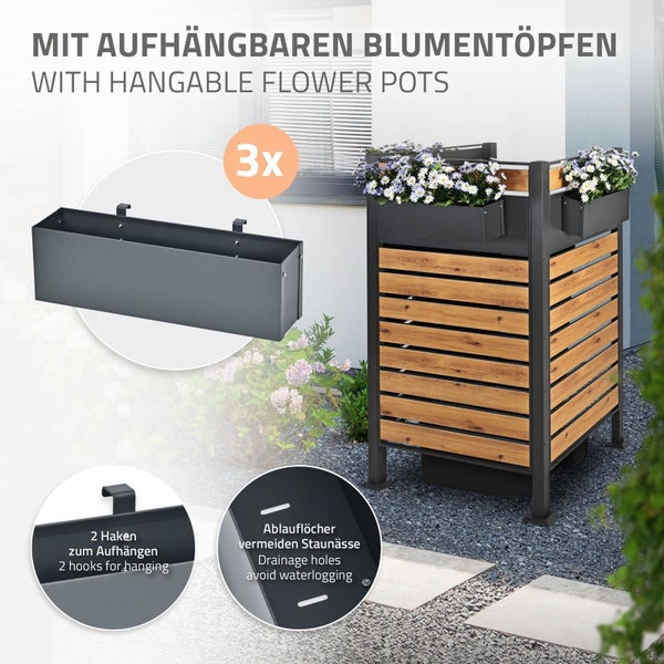 ML-Design Mülltonnenzaun für 1 Mülltonne, Anthrazit-Holzoptik, Stahl, 91x91x150 cm, rostfrei, massiv, Mülltonnenbox Mülltonnenverkleidung Mülltonnenaufbewahrung Garten Sichtschutz, mit 3 Blumenkästen