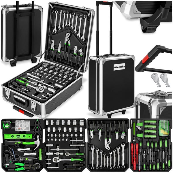 Tectake Werkzeugkoffer Trolley mit umfangreichem Werkzeugset, bestehend aus Gabelschlüsseln, Zangen, Schraubendrehern und Steckschlüsseln.