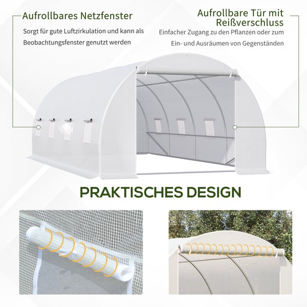 Gewächshaus mit aufrollbarem Netzfenster und Tür mit Reißverschluss für einfache Belüftung und Zugang