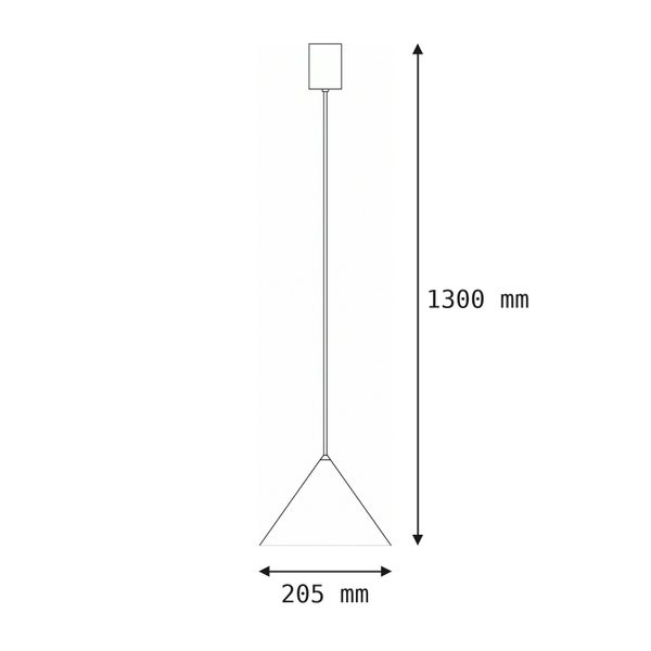 Maßzeichnung einer Pendelleuchte mit einer Gesamthöhe von 1300 Millimeter und einem Durchmesser von 205 Millimeter