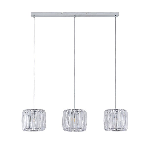 Dreiflammige Pendelleuchte mit zylindrischen Glasschirmen in Kristalloptik und verchromter Deckenhalterung.